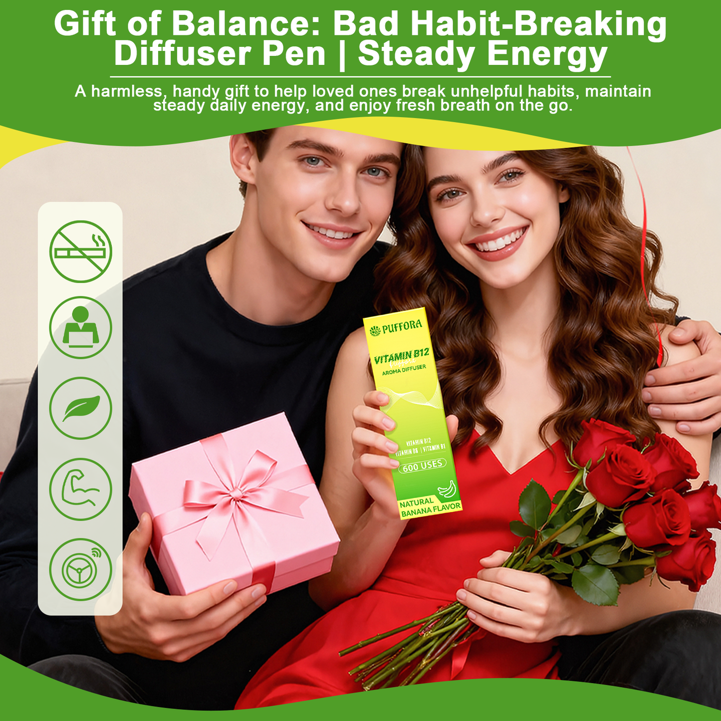 Vitamin B12 Diffuser Pen, Vitamin B12/B6/B1, Support for Energy & Focus Boost, Body Relaxation, Natural Alternative