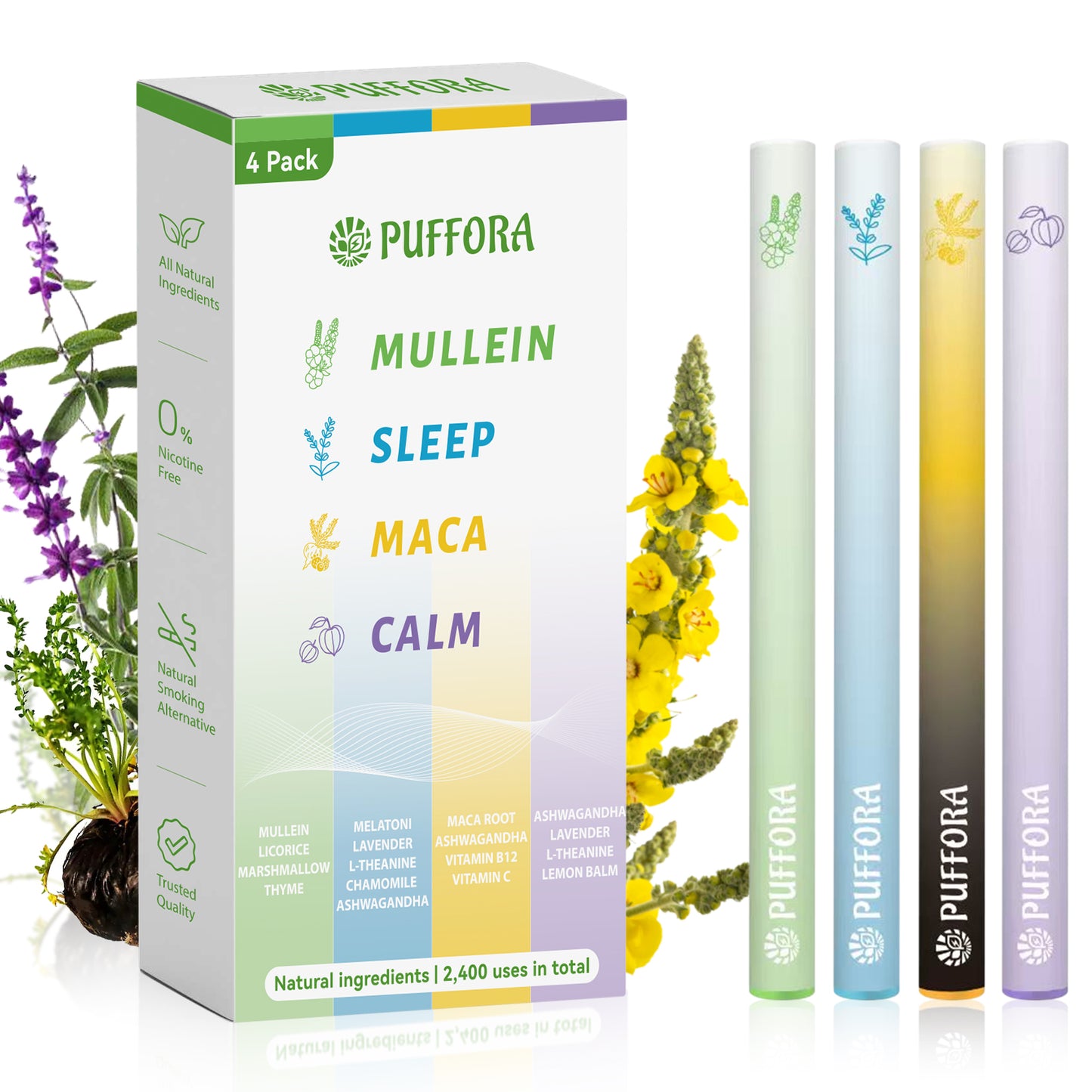 4-in-1 Wellness Herbal Diffuser, Lung Rest, Energy, Sleep & Relaxation, Natural Extracts, Mullein | Ashwagandha | Maca Root | Melatonin, 2400 Uses