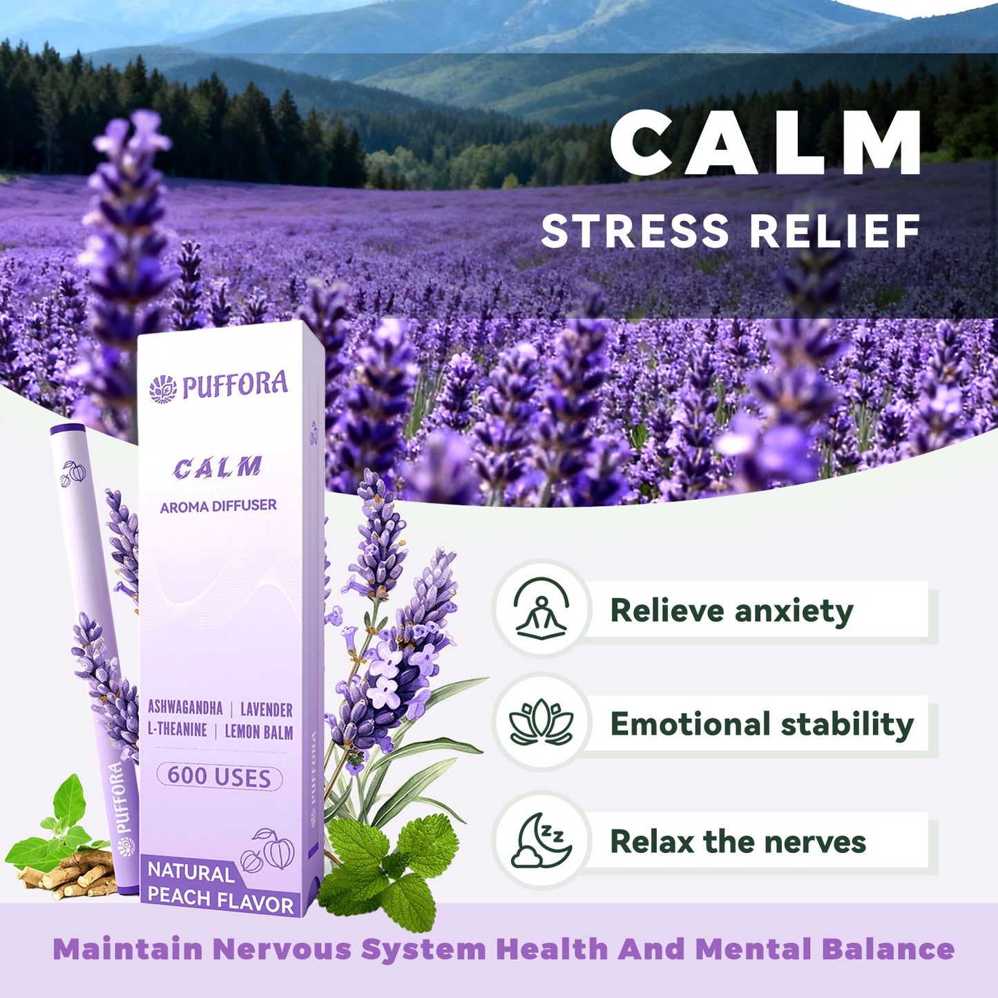 Herbal Diffuser Pen, Plant-Based - Ashwagandha, Lavender, L-Theanine, Lemon Balm, Vitamin B1 & B6, Supports a Calm Mood, Relaxed Feelings, 600 Uses