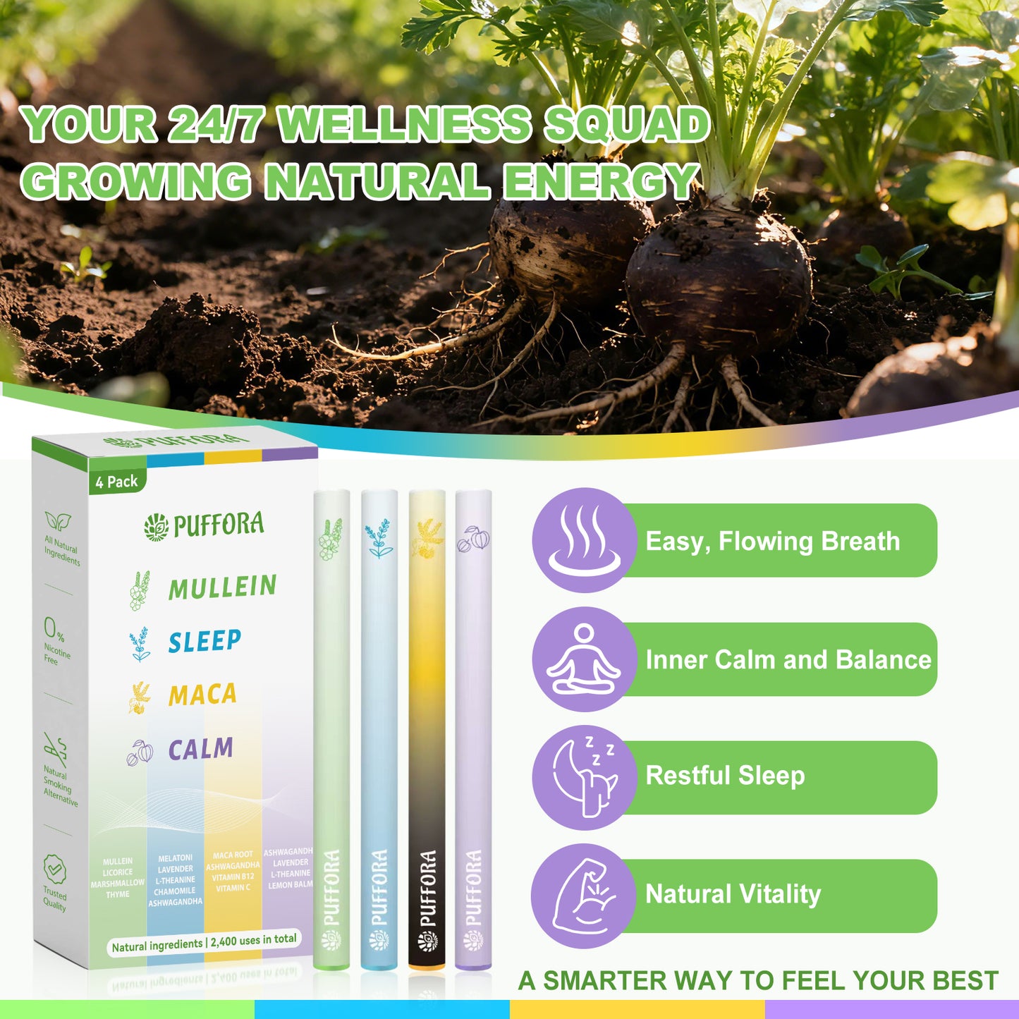 4-in-1 Wellness Herbal Diffuser, Lung Rest, Energy, Sleep & Relaxation, Natural Extracts, Mullein | Ashwagandha | Maca Root | Melatonin, 2400 Uses