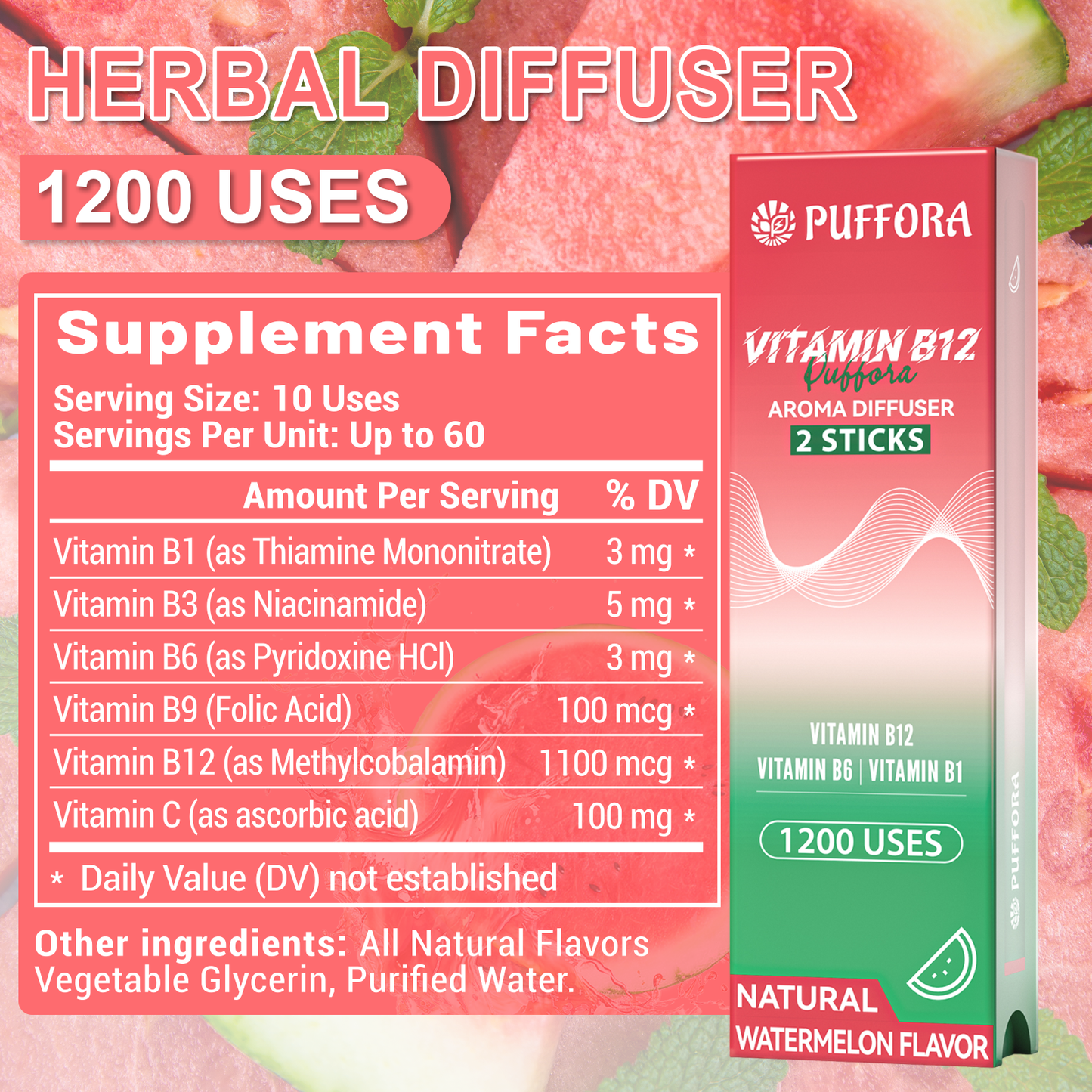 Vitamin B12 Diffuser Pen, Vitamin B12/B6/B1, Support for Energy & Focus Boost, Body Relaxation, Natural Alternative