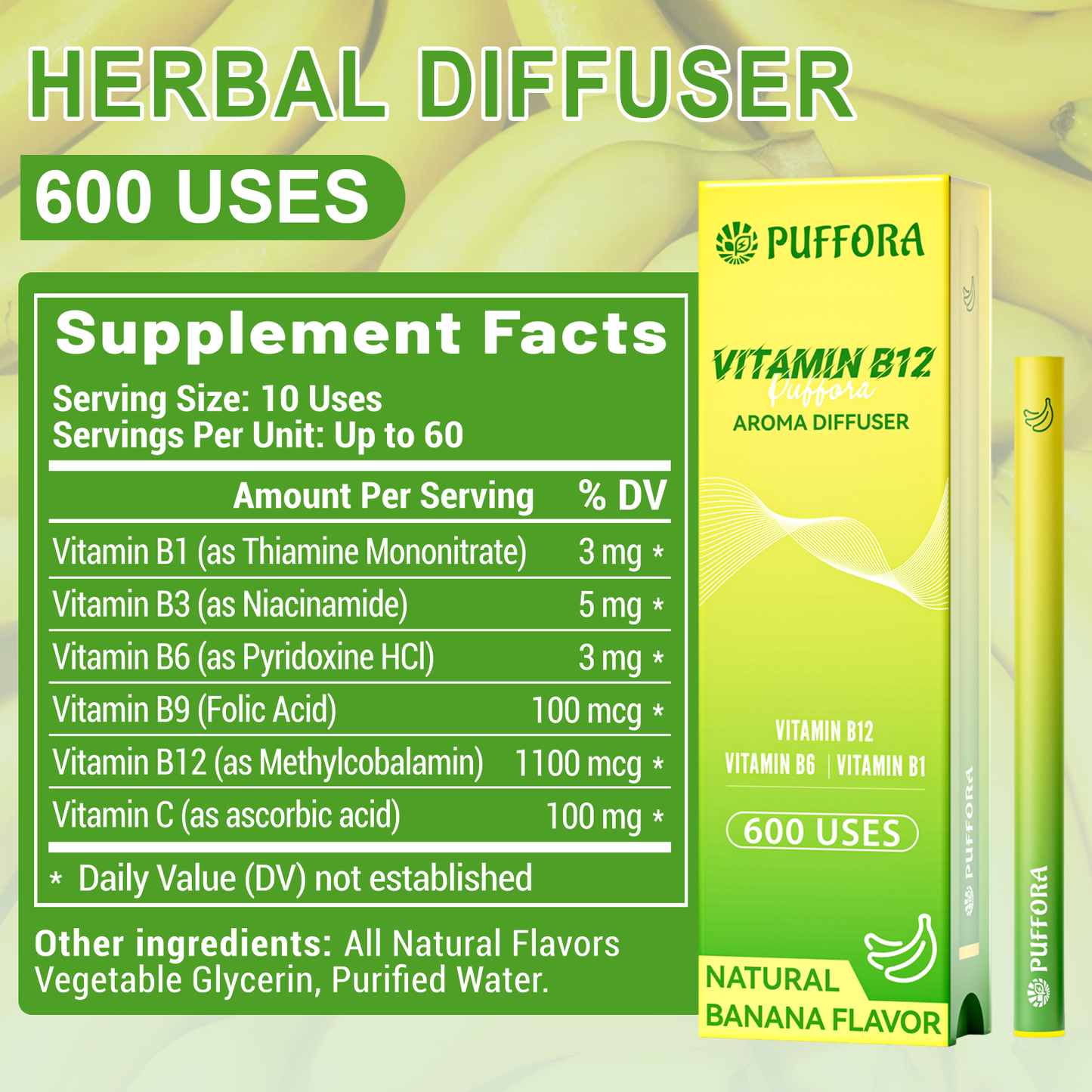 Vitamin B12 Diffuser Pen, Vitamin B12/B6/B1, Support for Energy & Focus Boost, Body Relaxation, Natural Alternative