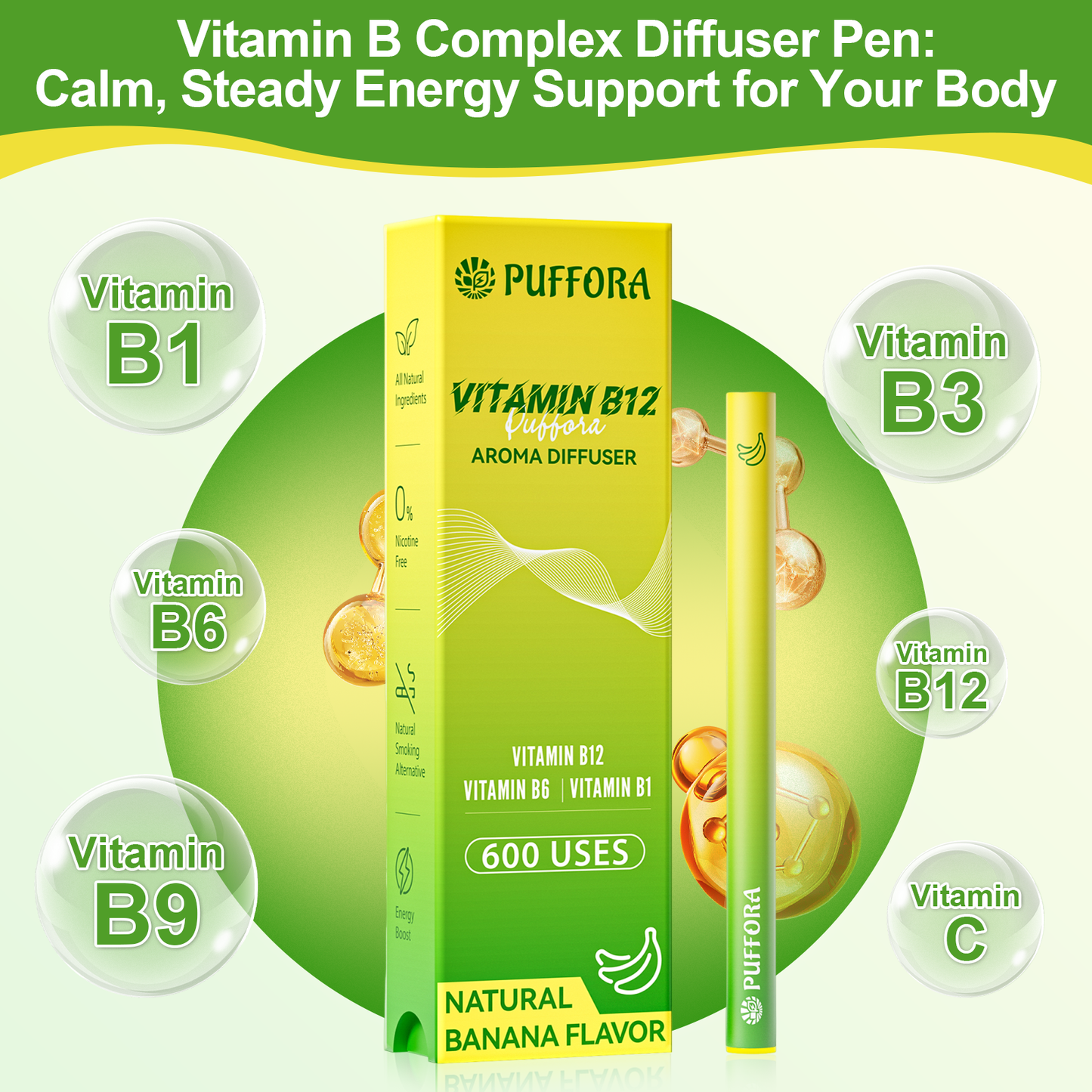 Vitamin B12 Diffuser Pen, Vitamin B12/B6/B1, Support for Energy & Focus Boost, Body Relaxation, Natural Alternative