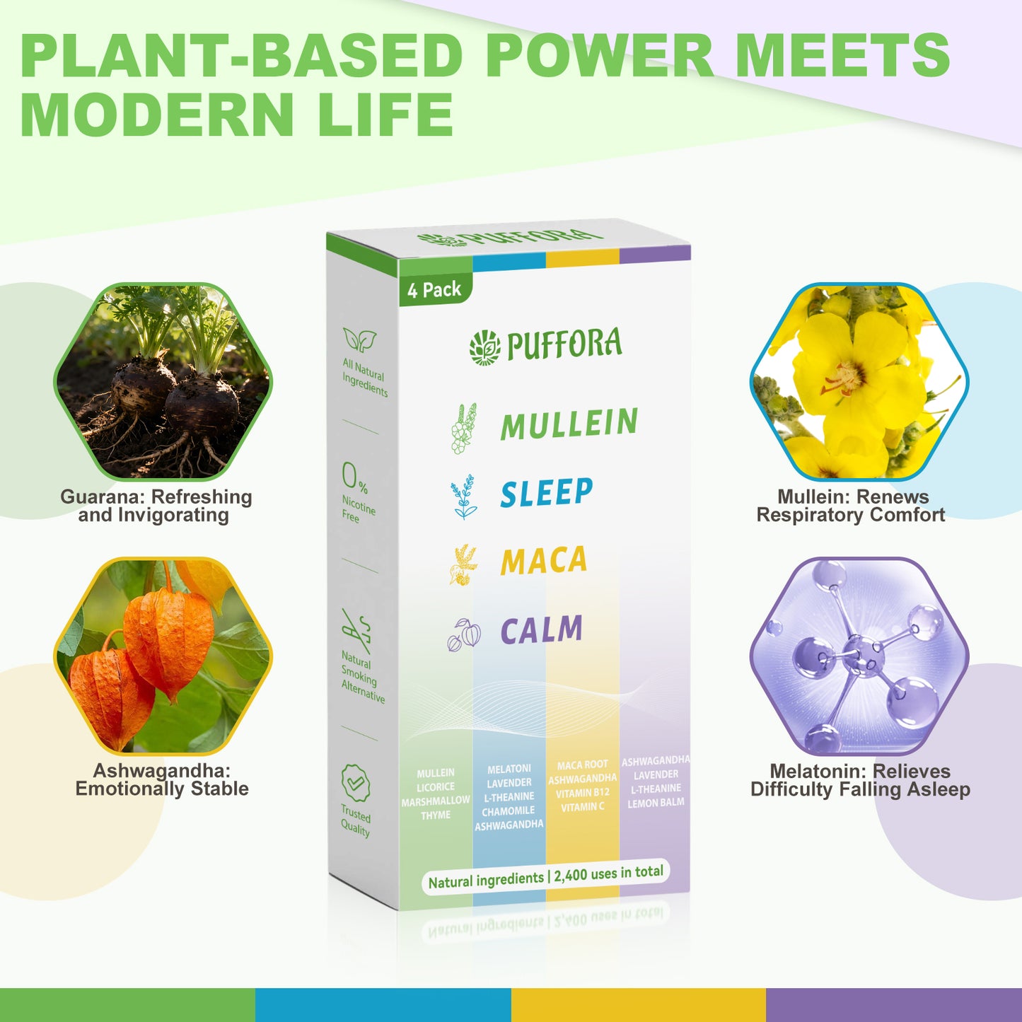 4-in-1 Wellness Herbal Diffuser, Lung Rest, Energy, Sleep & Relaxation, Natural Extracts, Mullein | Ashwagandha | Maca Root | Melatonin, 2400 Uses