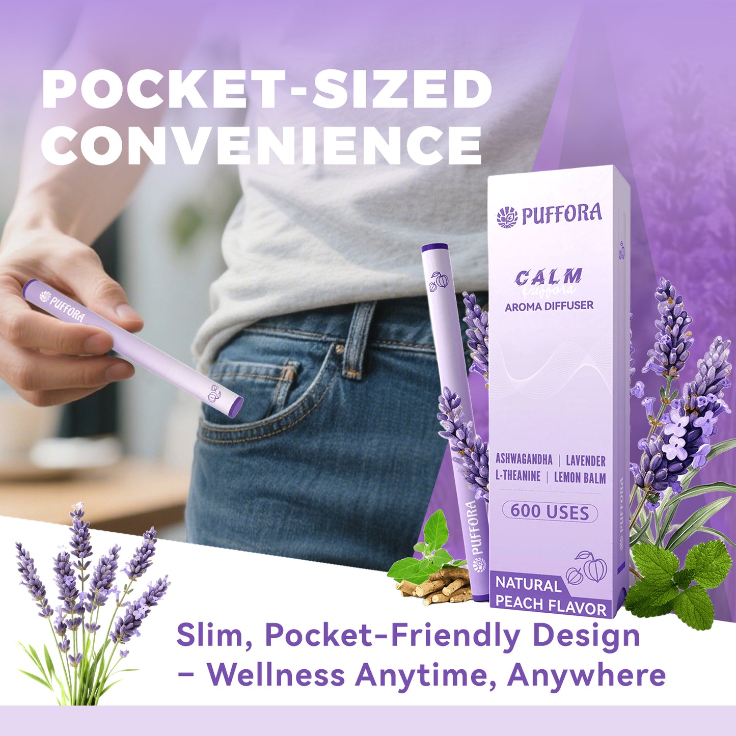 Herbal Diffuser Pen, Plant-Based - Ashwagandha, Lavender, L-Theanine, Lemon Balm, Vitamin B1 & B6, Supports a Calm Mood, Relaxed Feelings, 600 Uses