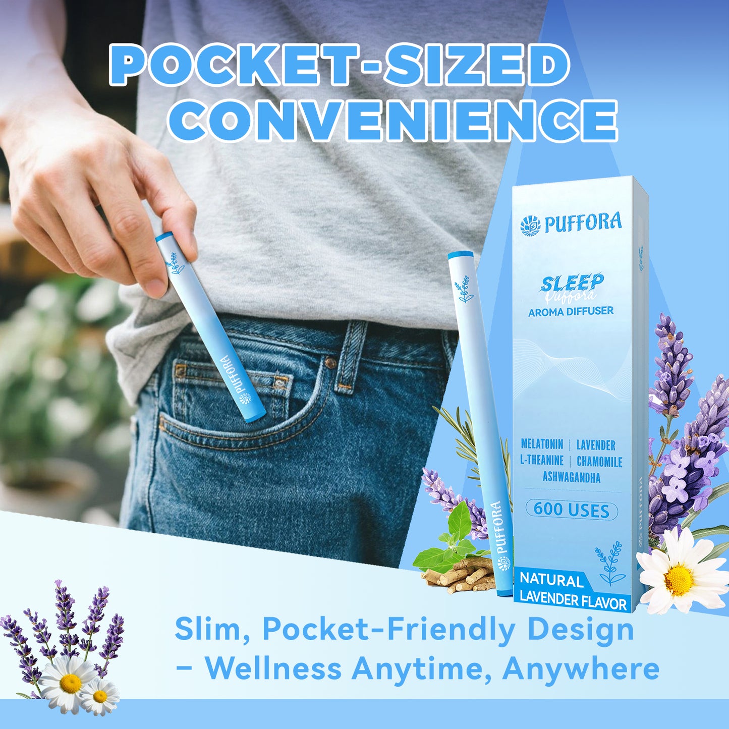 Puffora Herbal Diffuser Pen, 2 Pack, Support for Energy & Comfortable Sleep, Dual-use, Extracts of Melatonin, Vitamin B12 | B6, Natural Alternative - Total 1200 Uses