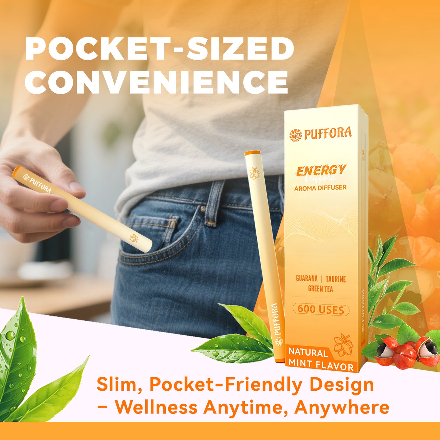 Energy Diffuser Pen, Extracts of Guarana, Green Tea & Taurine, Vitamin B12 & B6, Support for Energy & Focus Boost, Body Relaxation, Natural Alternative - 600 Uses