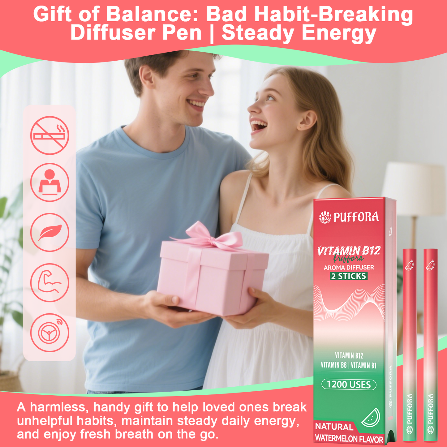 Vitamin B12 Diffuser Pen, Vitamin B12/B6/B1, Support for Energy & Focus Boost, Body Relaxation, Natural Alternative