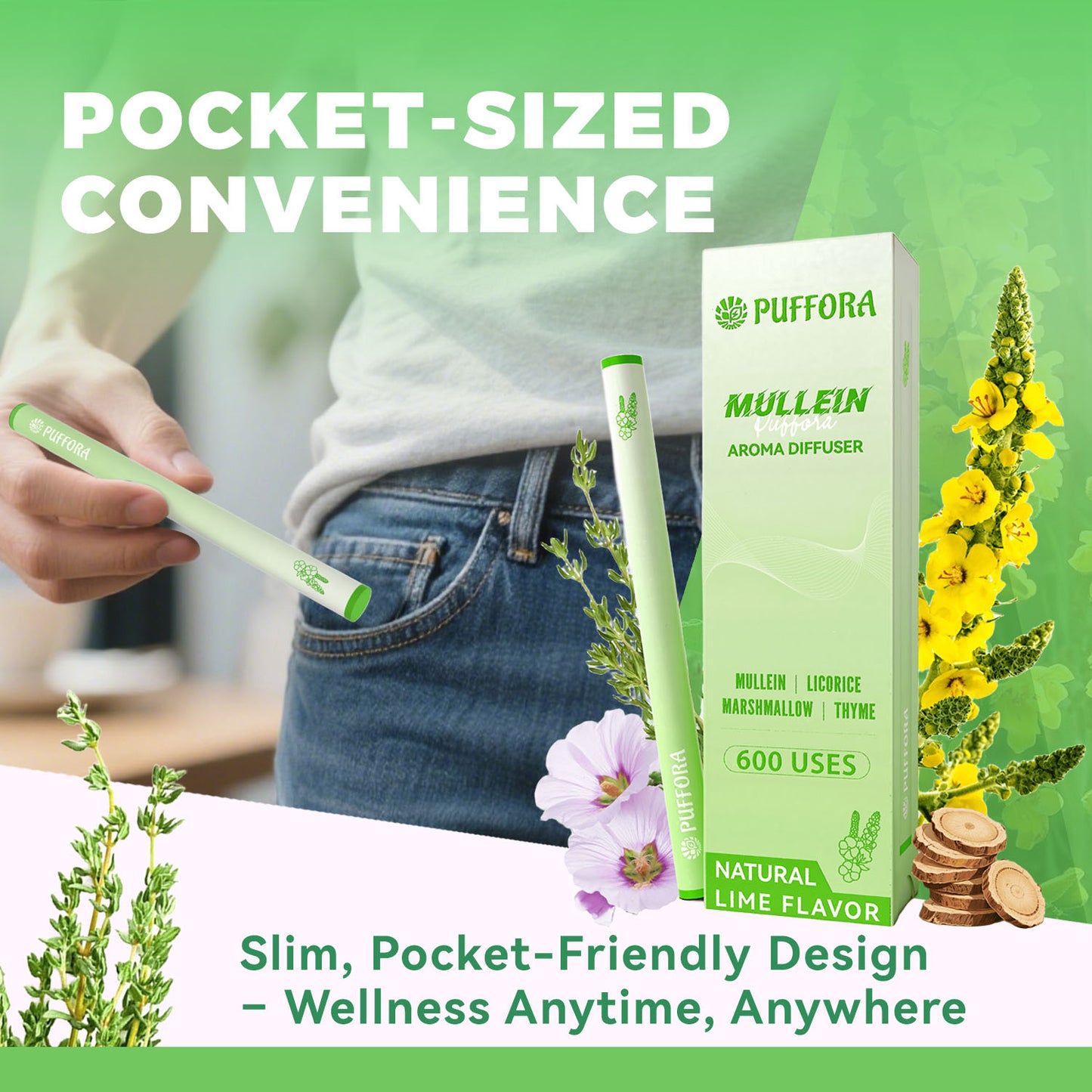 Herbal Diffuser Pen, Supports Lung Rest & Wellness, Breathing and Oral Air Freshening, Plant Based-Mullein, Licorice Root, Marshmallow Root, Thyme Leaf, Mint Oil, Natural Alternative - 600 Uses